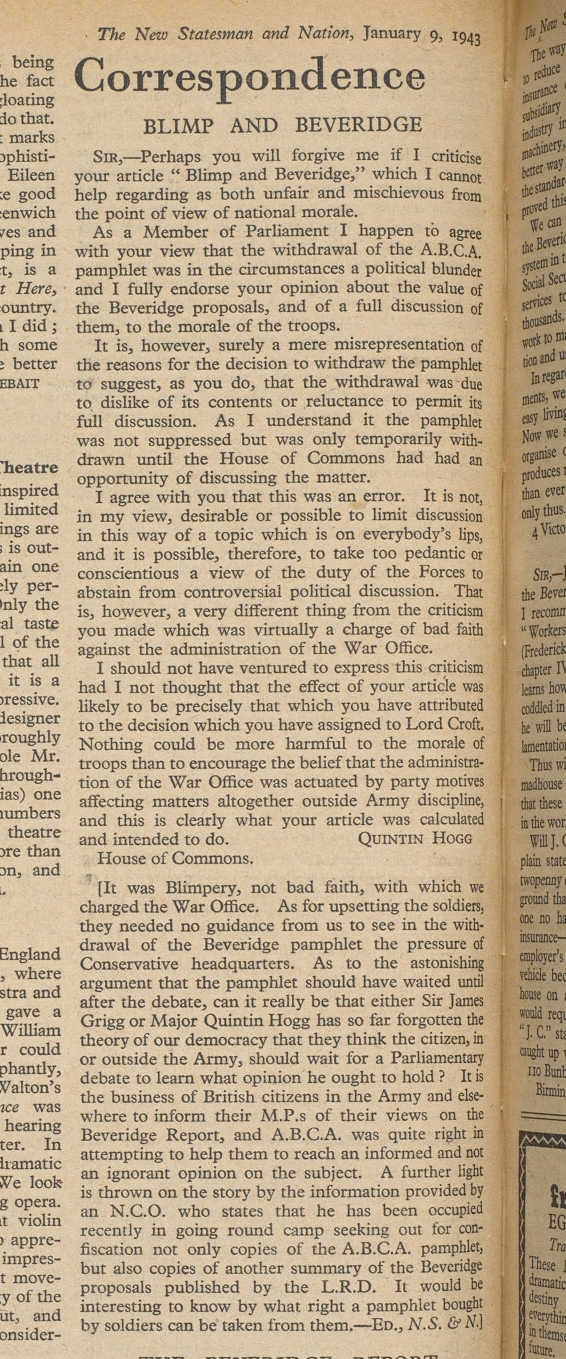 New Statesman Quintin Hogg letter Jan 1943